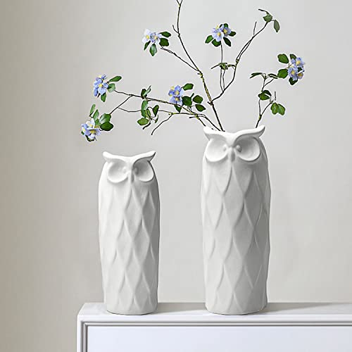 LIZOFER Owl Ceramic Vase Set of 2 for Living Room Bedroom 9.45'' and 8.27'' Modern White Fake Flower Plant Vases for Home Decor Office Table Shelf Fireplace Retro Rustic Farmhouse Vintage Classic Gift