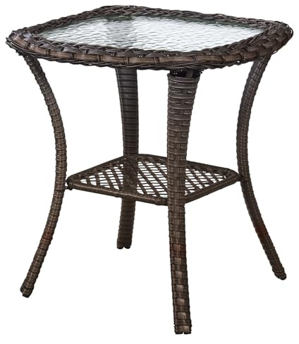 Artfurniz Small Outdoor Side Table - 50 LBS Weight Capacity Wicker Side Table with Storage, Tempered Glass Top Patio Side Table for Porch Balcony Deck Garden - Brown