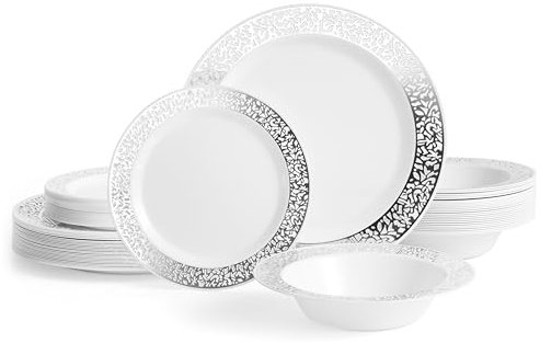 MATANA 75 Piezas Platos y Cuencos de Plástico Blanco con Borde Plateado - 25 Platos Llanos, 25 Platos de Postre, 25 Cuencos - Vajilla de Fiesta Elegante y Reutilizable para Fiestas, Bodas