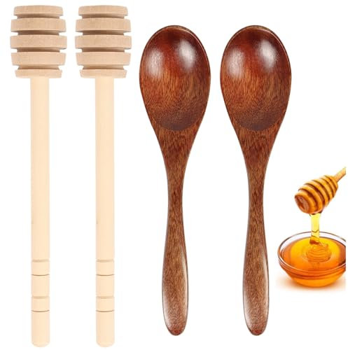 KufaerBeam 4 Pezzi Legno Agitatori per Miele,Cucchiai da Miele in Legno,Bastoncini Legno di Miele,Cucchiai per Il Miele,Mestolo del Miele Bastoncini