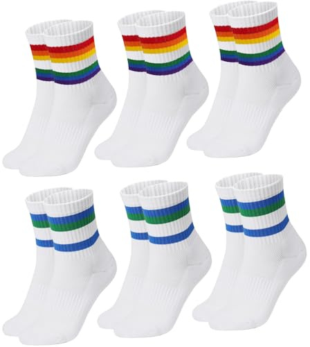 Vicloon 6 Pares Calcetines de Tenis para Mujer, Calcetines Rayas de Deporte Retro, Transpirables y Confortables, Calcetines Blancos de Tenis, Mid-Cut Socks para Diario y Deporte (Talla: 34-39)