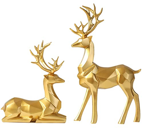 GETAJGHSD Decoración De Renos Modernos 2 Piezas Tamaño Mediano Color Dorado Resina Artística para Sala De Estar Dormitorio y Comedor Figuras Navideñas De Ciervos