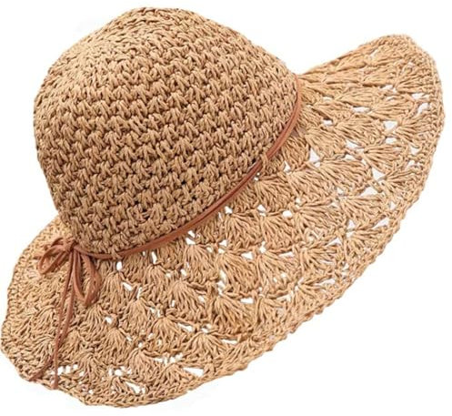 JJiaoLinin Stroh Sommerhut für Damen,Sonnenhut Strohhut Sonnenhuts Atmungsaktiv Sommerhuts Strandhut Faltbarer Sonnenschutz Breite Krempe Frauen Sonnenhüte für Reise Urlaub,Helle Kaffeefarbe