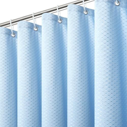 Wusboo Duschvorhang 180x200, Badewanne Vorhang Textil Waffelstruktur Wasserabweisend Waschbar Badevorhang mit 24 Duschvorhangringe und Duschvorhang Raffhalter, Vorhang für Badewanne Dusche (Grisblau)