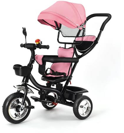 Belfoyer Triciclo Bebe 4 en 1 con Campana y Espejo Retrovisor – Carrito Infantil Evolutivo con Respaldo Ajustable y Capota – Silla de Paseo Triciclo para Niños de 1 a 5 Años – Plegable y Seguro-Rosa