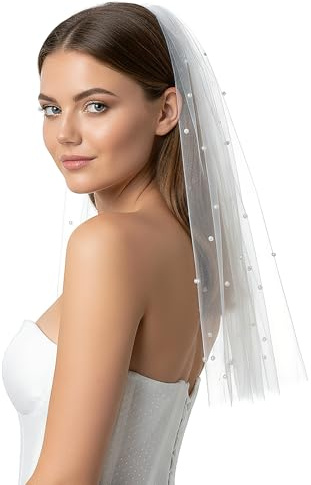 Voile de Mariée avec Perles Blanc 60 cm/95 cm, Voiles de Mariage Élégant pour Femmes, Bord Coupé Tulle de Mariée, pour Cérémonie Fiançailles Shooting Photo Fêtes, Peigne Intégré (95 cm Style 1)
