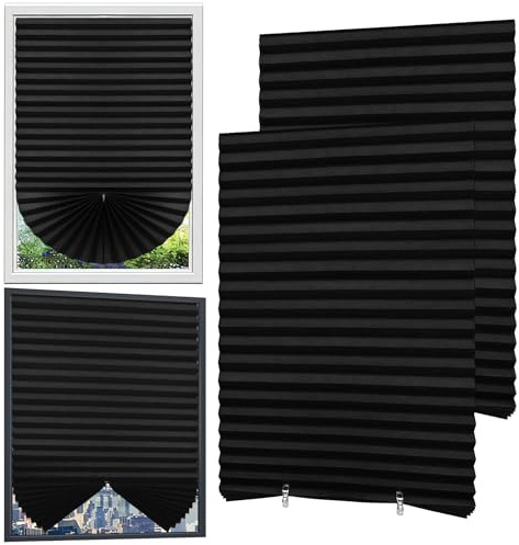 WEXFFU 4 Stores Occultants Temporaires, Store Occultant Autocollant pour Fenêtre, Rideaux Plissés Autocollants avec Clips Et Velcro, pour Fenêtres, Portes, Cuisine (Noir, 90 x 180 cm)
