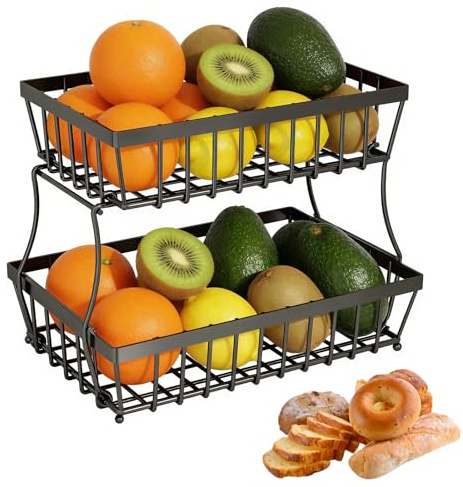 thirei Cesta de Frutas Metal 2 Pisos, 30 x 18 x 30 cm Frutero 2 Pisos, Negro Fruteros de Cocina, Fruteros de Cocina Modernos, Frutero Extraíble para Frutas y Verduras, para Frutas, Verduras, Pan