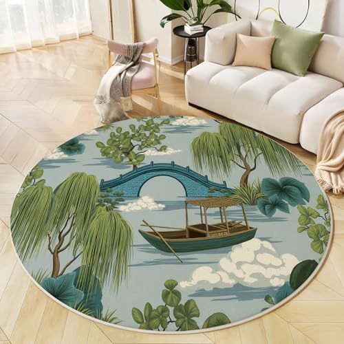Tappeto Rotondo 60cm, Morbida Flanella Stile Tradizionale Orientale Tappeto, Tappeti Blu-Grigio Stampa Ponte Di Pietra Barca Di Legno Salici Piangenti Morbido Antiscivolo, per Interno Soggiorno Camera