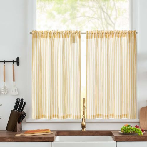 TOPICK Kitchen Curtains, Linen Look Cafe Curtains W36 xL36 Yellow Striped | 2 Panels 36 Inch Drop Rod Pocket Small Light Filtering Privacy Curtains for Living Room, Bedroom, Cupboard Base, Sink