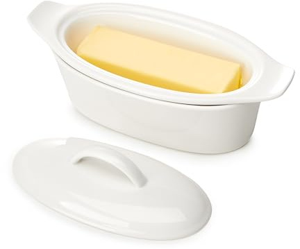 3-Piece Butter Dish with Water Reservoir, Porcelain Butter Boat with Lid, French Butter Keeper Crock, Large Butter Container for Countertop