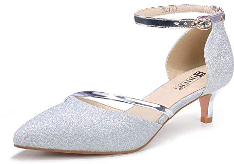 IDIFU Women IN2 Maxine Low Kitten Heels Dress Pumps Wedding Evening Formal Elegant Closed Toe Shoes for Women Bride (Silver Shiny, 8 M US)