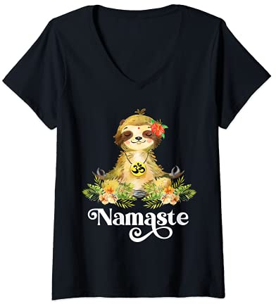 Donna Namaste Bradipo Meditazione Meditate Yoga Yoga Per Bambini Maglietta con Collo a V