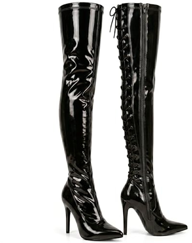 Women thigh high heel boots, Lace-up kinky fetish over the knee heels, elegant shoes with side zip and laces in Back, Ladies faux leather high heel boots (Black Patent, 10 UK, numeric_10)