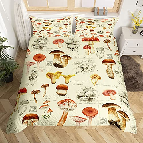 Kids Mushroom Duvet Cover King Size,Watercolor Sketch Tropical Botanical Bedding Set Retro Red Mushrooms Comforter Cover For Boys Girls Teens Farmhouse Plant Bedspread Cover With 2 Pillow Cases