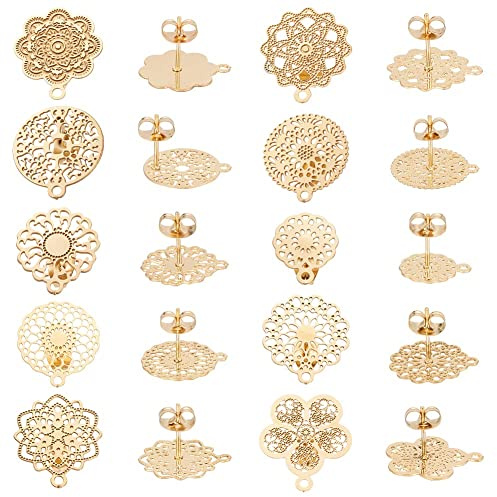 UNICRAFTALE 20pcs 10 Styles 0.85mm Pin 304 Boucles D'Oreilles Fleur en Acier Inoxydable avec Boucle Bohème Creux Plat Filigrane Boucles D'Oreilles Poteaux avec Trou Écrous D'Oreille Composant de Clous