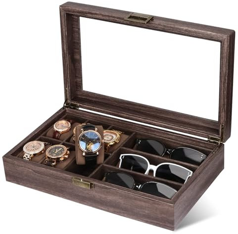 CeiBand Bois Boîte à lunettes en Cuir Écrin Boîte Montres pour 6 montres et 3 pièces de Rangement lunettes de soleil (39 * 21.5 * 8.5cm)