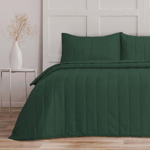 Bronwen Mathews King Size Bedspreads Quilted Pattern - 3Pcs Bottle Green Sofa Throw Set 240x260cm Soft Microfiber Lightweight Coverlet with 2 Pillowcases 50x75cm for All-Season (Bottle Green, King)