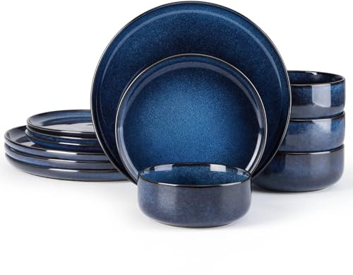 E-far Dinnerware Sets for 4, 12-Piece Stoneware Plates and Bowls Set, Ceramic Dishes Reactive Glaze Dinning Ware, Microwave & Dishwasher Safe - Deep Sea Blue