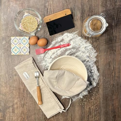 GOODZ Housewares Gärkorb Set - rund 23 cm Optimale Luftzirkulation, Baumwolle-Brotbeutel, Bäckermesser, Teigschaber, Silikonpinsel, Backhandschuh - Brotbacken mit natürlichem Peddingrohr