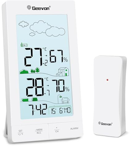 Geevon DCF Wetterstation Funk mit Außensensor, Digital Thermometer Innen Aussen Wetterstationen Innen und Außentemperatur Funk mit Wettervorhersage (245593 ohne Batterie)
