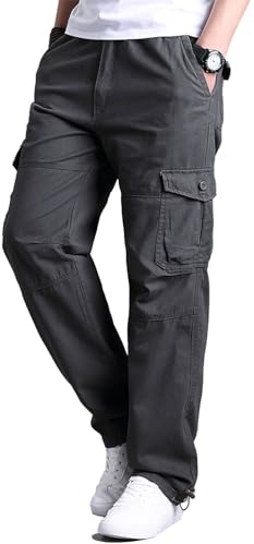 OlmecsHKEU Hommes Pantalons Coton Taille Elastique Cargo Droite avec Poches Printemps/Automne Gris M