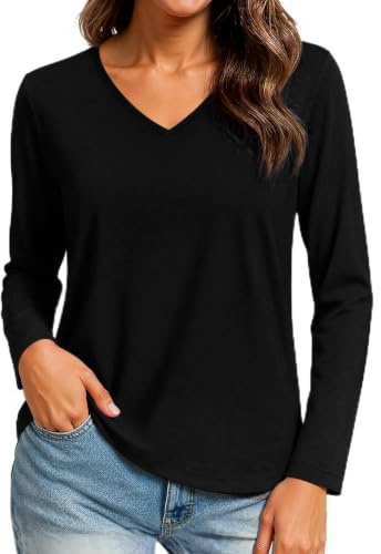Wayleb Camiseta Manga Larga Mujer Elegante Básico Top T-Shirt Cuello en V Elástico Ligero Sólido Casual Túnica Top para Otoño y Invierno, Negro M