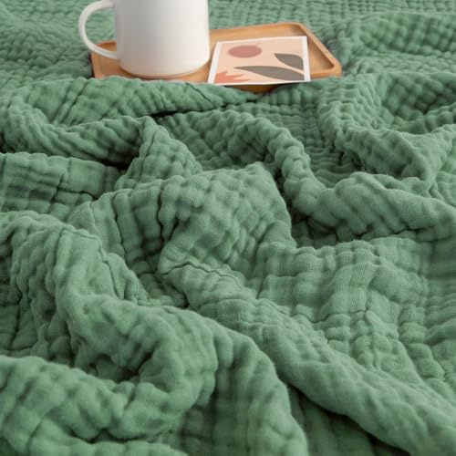 Couverture Gaze de Coton, 150 x 200 cm Plaid Coton Canapé, Couvertures 100 % Coton, Usage 4 Saisons, couvertures en Mousseline pour Adulte, Couverture Été pour Lit, Canapé, Jeté de Lit (Vert Foncé)