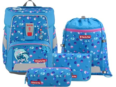 Step by Step Schulranzen-Set Space „Dolphin Finja“ 5-teilig, blau, Delfin-Design, ergonomischer Tornister mit Reflektoren, höhenverstellbar mit Hüftgurt für Mädchen ab der 1. Klasse, 20L