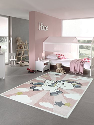 CARPETIA Kinderteppich Spielteppich Babyteppich Mädchen Einhorn Regenbogen rosa Creme Größe 120 cm Rund