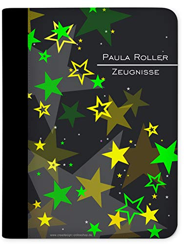 CreaDesign Customize A4 Zeugnismappe für Kinder 26,7x32,7x1 cm, Sichtbuch mit 10 Klarsichthüllen, erweiterbar auf bis zu 20 Taschen, Gelb Grün Sterne Design, Dokumentenmappe für Schüler