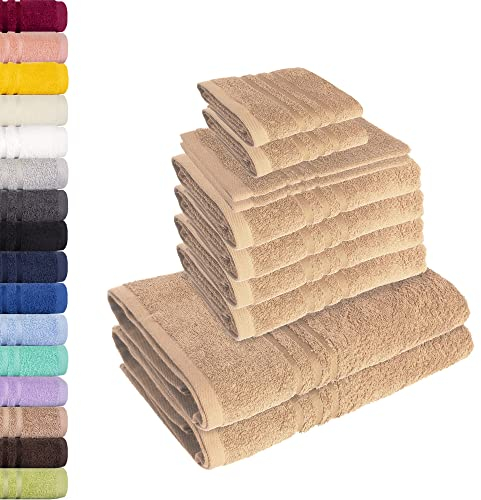 Lavea 10-teiliges Handtuchset Elena aus 100% Baumwolle - Cappuccino, 4 x Handtuch, 2 x Duschtuch, 2 x Gästetuch, 2 x Waschhandschuh, Handtücher Set weich, saugstark & pflegeleicht – Oeko-TEX