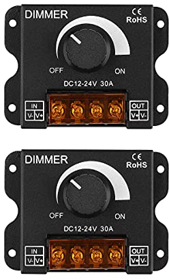 2er-Pack LED-Lichtleisten-Dimmer,DC 12V-24V 30A PWM-Dimmer-Controller,Dimmerknopf zum Einstellen der Helligkeit EIN / AUS-Schalter,mit Aluminiumgehäuse,für einfarbiges Lichtband