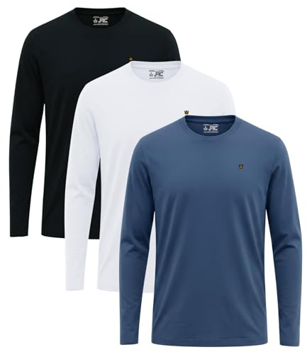 JRC Just Royal Clothing Pack of 3 Mens Long Sleeve Crewneck T-Shirts, Casual Round Neck Tops (Mid Night, White, Black, 2XL)