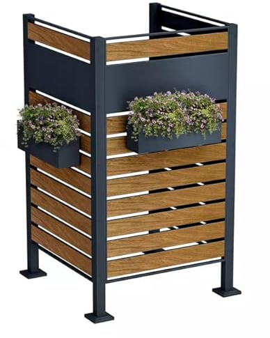 DWD Single Wheelie Bin Hideaway 120L, 240L Bin Privacy Screen Steel Powdercoated Matt Grey RAL7016 & UV Printed in Wood Effect Slatted Panels 3 Section U shape together with 2 Hook on Flower Pots