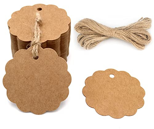 50 Pcs Etichette Carta Kraft, Etichette Regalo, 4x4 cm, con Corda di Iuta, per Tag Bomboniere, Natale Compleanno Bomboniere Artigianato