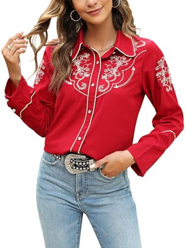 Camicie Occidentali da Donna Stile Cowgirl, Sexy, Elegante, Manica Lunga, Nera Ricamata, con abbottonatura, Vino, L