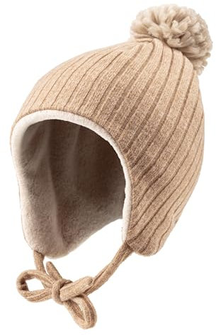 Sterntaler Inka Mütze mit Rippenmuster - Unisex warme Kindermütze mit angeschnittenen Ohrenklappen und Bindeband - Bommelmütze aus Mischgewebe, gefüttert mit Baumwollfleece - rost, 51