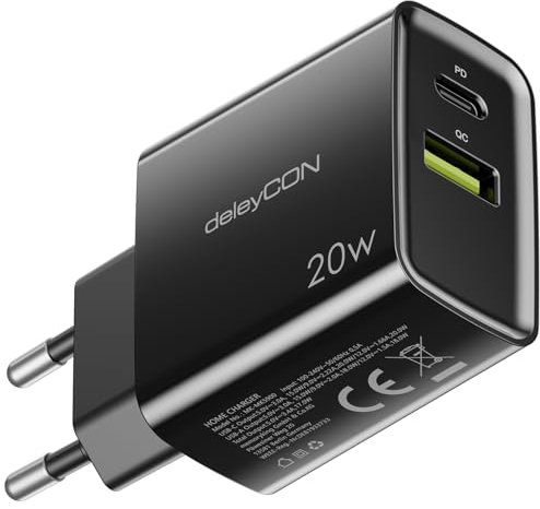 deleyCON Ladegerät USB A und C (2 Port - Schnellladegerät) USB Netzteil für iPhone 17/16/15/14/13/12/11 iPad Galaxy S25/S24/S23 Pixel Handy PD 3.0 Charger - Schwarz