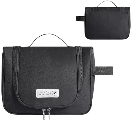 Cozary Kulturbeutel Reise für Damen, Herren & Kinder, Kulturtasche zum Aufhängen, Kosmetiktasche Groß mit Doppelter Reißverschlussöffnung (Schwarz)