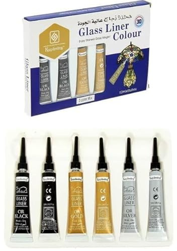 kreni Glass Liner Colors 3D Glass Color 12ml x 6 Tubes With Gold, Silver And Black Each 2Pcs tubes