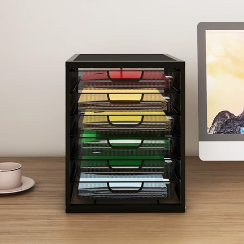 PUNCIA Mesh File Organiser Box 6 Drawers Desktop Paperwork Organiser | Office Supplies and Accessories Stationery Storage A4 Paper File Binder Letter Tray Metal Filing Box for Home Office Black