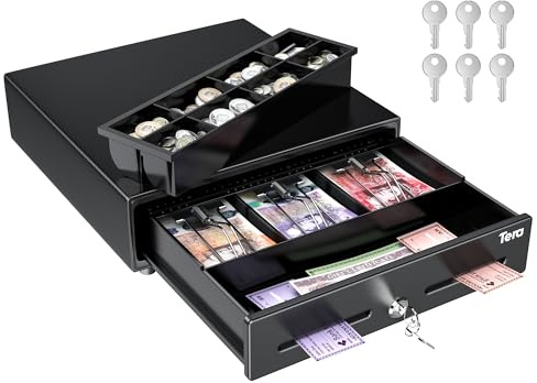 Tera Tiroir de caisse enregistreuse 33 cm à ouverture automatique avec 3 billets 8 pièces de monnaie, 6 clés, compartiment amovible pour pièces de monnaie, serrure à clé, interface RJ12 24 V, fente