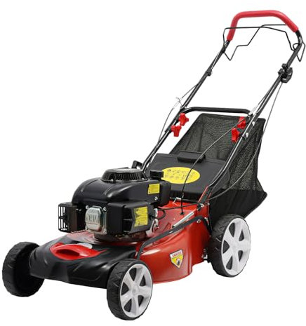 Tondeuse à gazon à essence avec entraînement 5 CV Moteur 140 cc 51 cm Largeur de coupe 8 niveaux Hauteur de coupe réglable Réservoir de carburant 1,6 l et bac collecteur d'herbe 60 l Démarreur manuel
