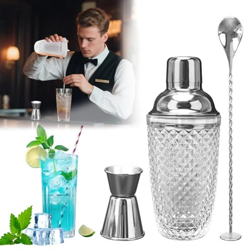 Coctelera de acero inoxidable, tapa de acero inoxidable, colador integrado, coctelera para cócteles, cuchara de 4 piezas (forma de diamante)