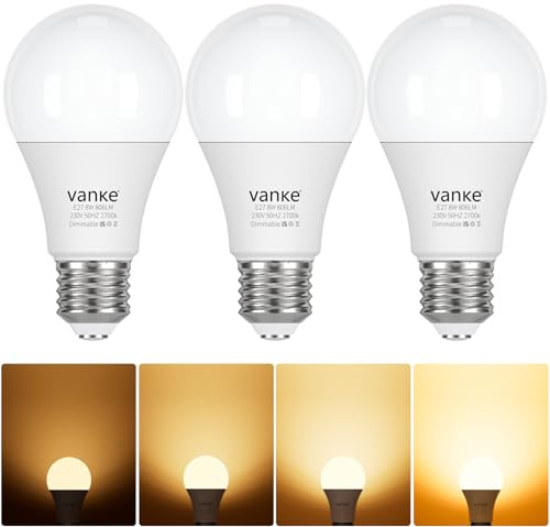 Vanke E27 Dimmable Bulb, 8W (Equivalent to 60W), Warm White 2700K, 806 Lumen Edison LED Light Bulb, Energy Saving Screw in Light Bulb, Pack of 3