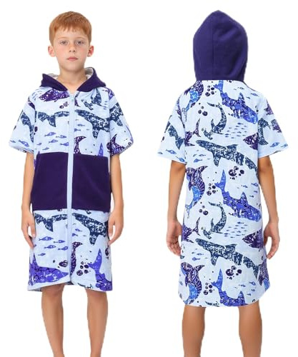 MOEMOE BABY Asciugamani con cappuccio per bambini, accappatoio, poncho, con cerniera, asciugamano da spiaggia con cappuccio, 100% cotone, per ragazzi, M, squalo blu