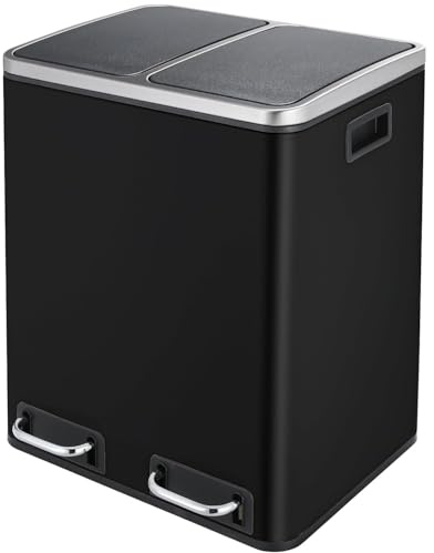 Clevich Mülleimer Küche 30L, Mülltrennsystem 2 Fächer, 2 x 15 Liter,Müllbeutel Büro, Abfalleimer, Treteimer, recycelbare Abfälle, Biomüll, Softclose-Deckel, Schwarz