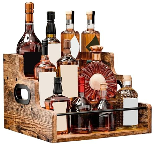 Estante para Licores - Organizador De Alcohol Para Escritorio - Expositor Retro de Madera para Botellas de Whisky de 3 Niveles para Hogar Cocina Coleccionistas Aficionados Apartamentos Planificadores