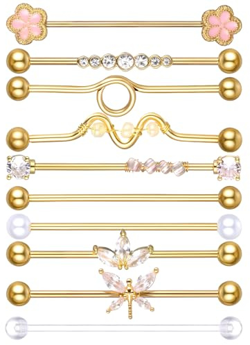 Tucnoeu 10PCS Gold Industrial Barbell Earring, Cartilage Body Piercing Jewelry 45mm 14G Industrial Piercing Bar for Women Men